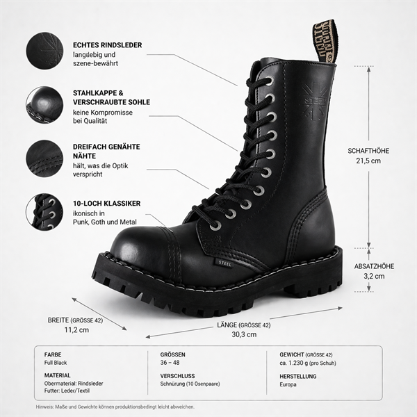 Steel - Full Black, 10-Loch Boots
